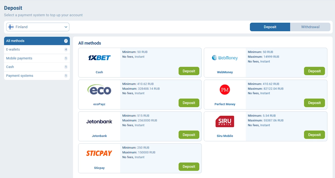 1xbet Payment methods